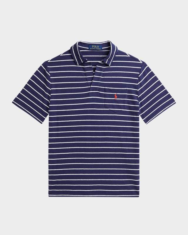 Boy's Linen Striped Polo Shirt, Size S-XL